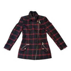G by Guess Plaid Moto Jacket XS Black Red Gold Zipper Long Sleeve‎